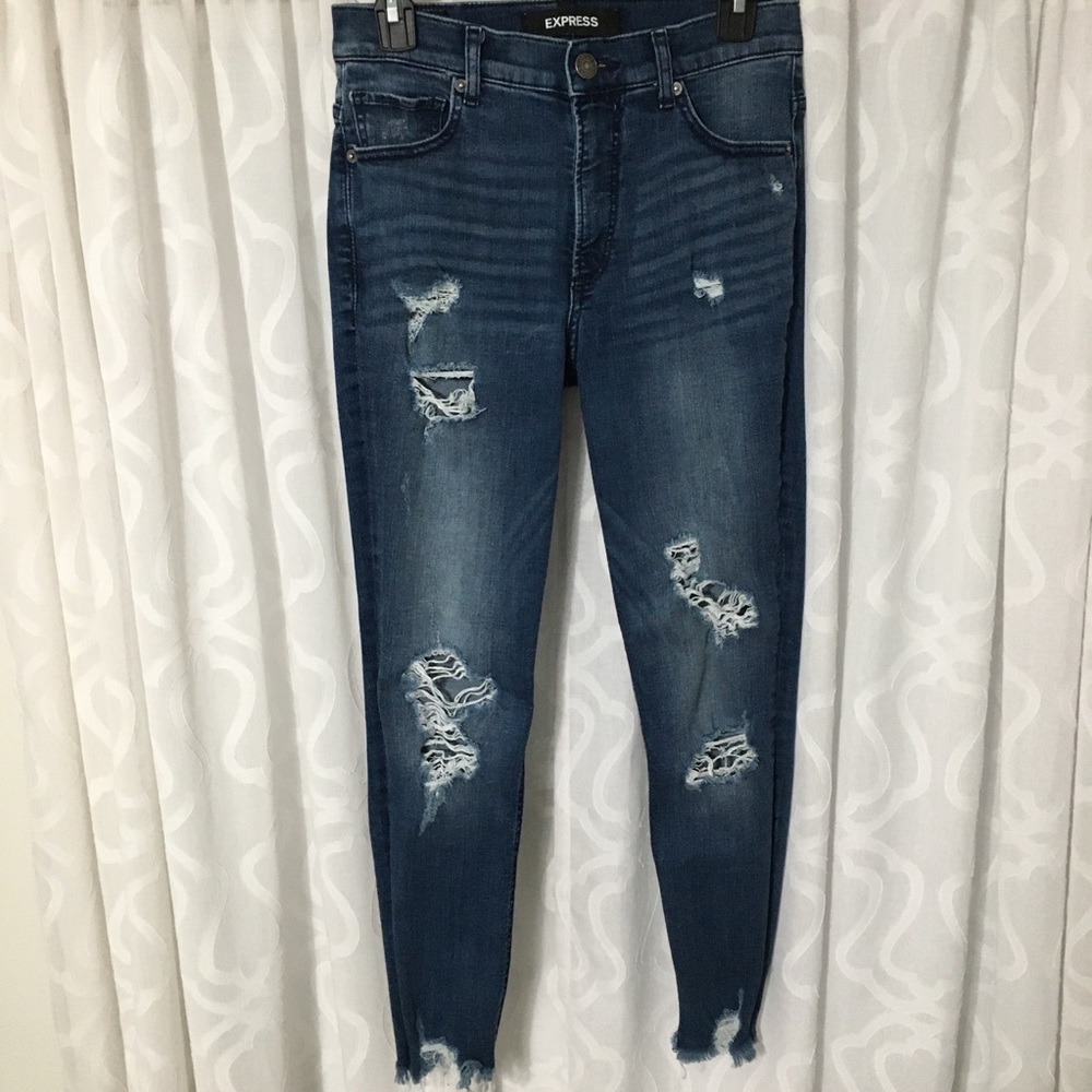Express Dark Wash Ankle High Rise Ripped Jeans 4